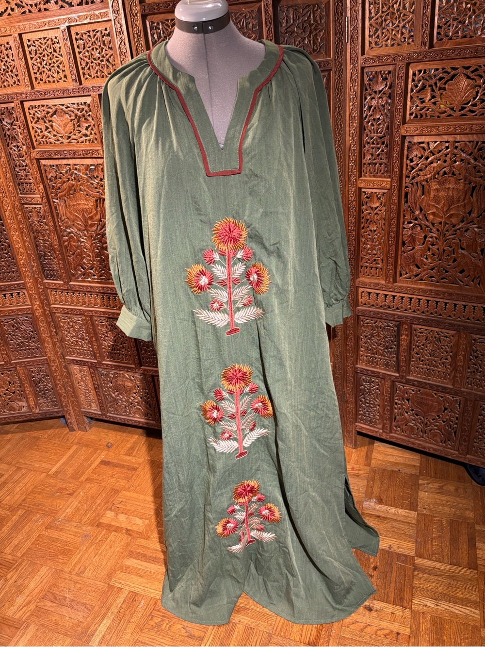 Entro Bohemian Embroidered Green Maxi Dress with Contrast Trim